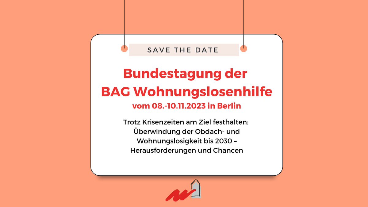 Vom 8.-10.11.2023 findet unsere Bundestagung in Berlin statt. Thema:"Trotz Krisenzeiten am Ziel festhalten: Überwindung der Obdach- und #Wohnungslosigkeit bis 2030 – Herausforderungen und Chancen". Referentinnen u.a.<a href="/klara_geywitz/">Klara Geywitz</a>, <a href="/CanselK/">Cansel Kiziltepe</a> 
Vorl.Programm: bagw.de/de/veranstaltu…