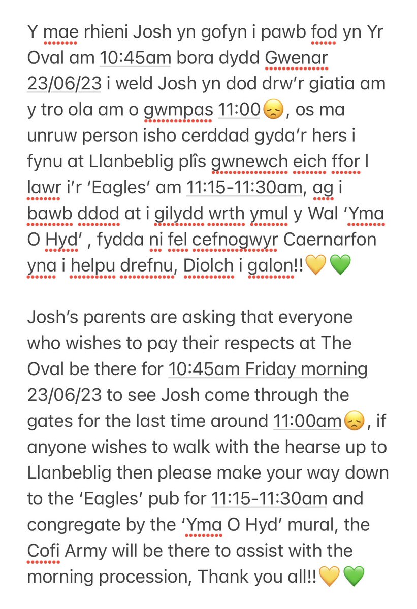 Plîs darllenwch a ‘retweet’ os gwelwch yn dda!, manylion am crebrwn Josh gan i rieni!⬇️🔰

Please read below and ‘retweet’, information about Josh’s funeral from his parents!⬇️🔰
