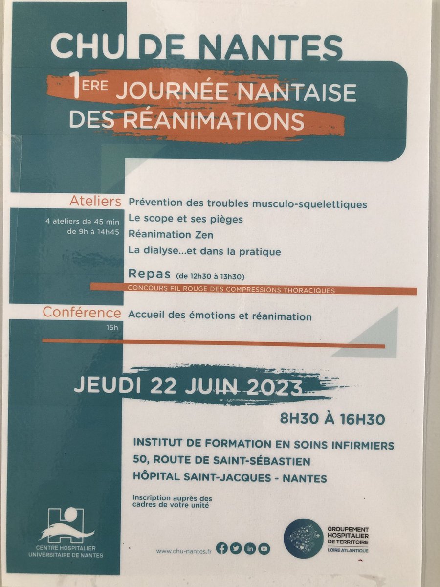 DauvergneJerome's tweet image. Première Journée Nantaise des Réanimations où tous les paramédicaux des réanimations sont invités se rencontrer et échanger. A refaire l’année prochaine ! ⁦@CHUnantes⁩
