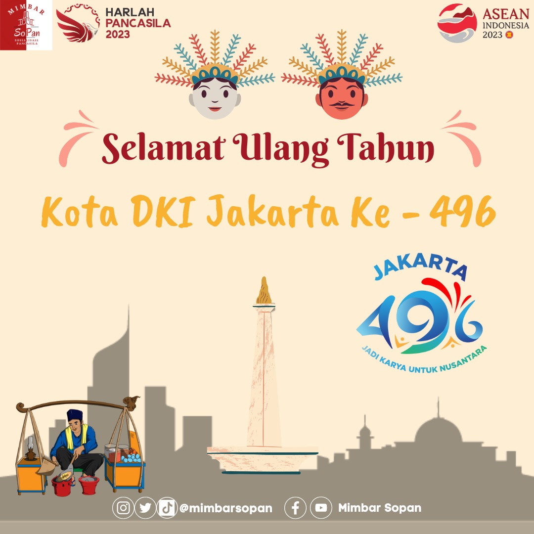 Selamat Ulang Tahun Kota Jakarta ke-496 🎊💫
Semakin maju menciptakan karya-karya terbaik dan menginspirasi warganya. Jaya selalu kota Jakarta..
#SalamPancasila🤚🏻🇮🇩

Apa harapan Sobat Pancasila buat Jakarta? Reply ya..

#HUTJakarta496