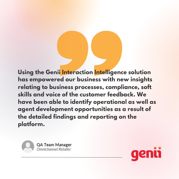GeniiAnalytics's tweet photo. 📢 We are thrilled to share a testimonial for Genii Interaction Intelligence! 🙌Our solution has empowered businesses with invaluable insights into business processes, compliance, soft skills, and customer feedback. 💼✨

#geniianalytics #interactionintelligence https://t.co/u4EHJuXtMy
