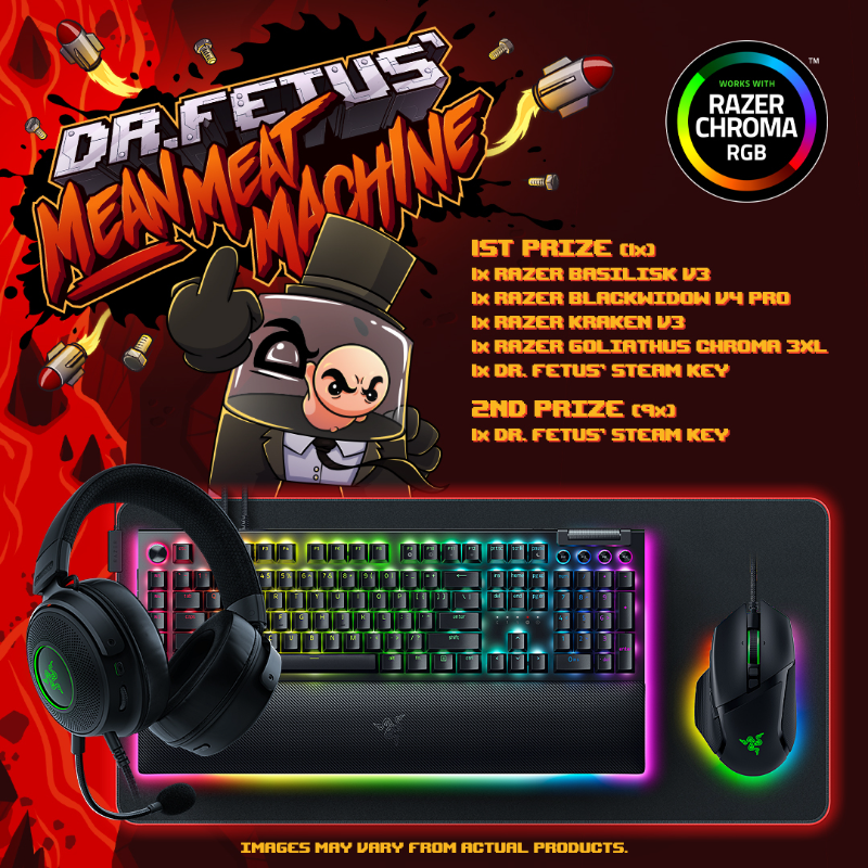 Thunderfulgames's tweet photo. 🚨SWEEPSTAKE ALERT🚨

To celebrate the release of Dr. Fetus' Mean Meat Machine, our besties over at @headupgames have a set of @razer chroma peripherals to giveaway!

Running until 2nd July so get entering using the link below now 👇