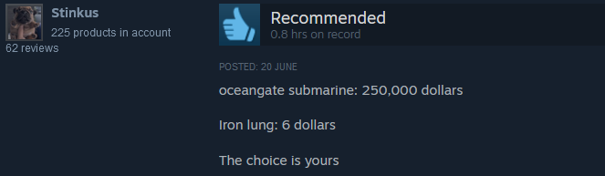 after the whole titan submarine case, Iron Lung's steam reviews are going WILD