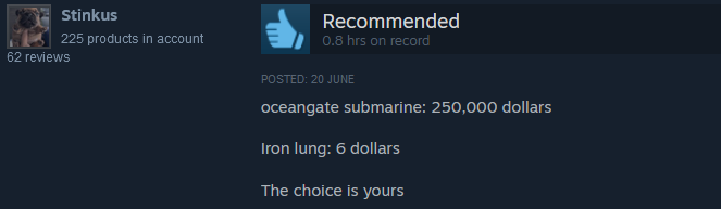 moonfatee's tweet photo. after the whole titan submarine case, Iron Lung's steam reviews are going WILD https://t.co/VBAxPuNATi