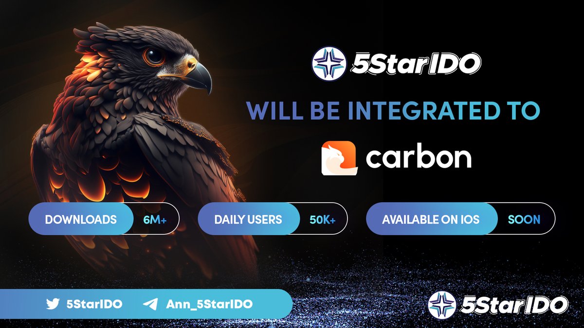 5StarIDO's tweet photo. Exciting news! We're thrilled to announce that we are going to be integrated to @trycarbonio to supercharge your #IDO experience! 

With 6M+ downloads, 50K+ daily users, and iOS compatibility on the horizon, #Carbon users will never miss out on the hottest IDOs in the market. 🚀 https://t.co/rFKuh2YRi2