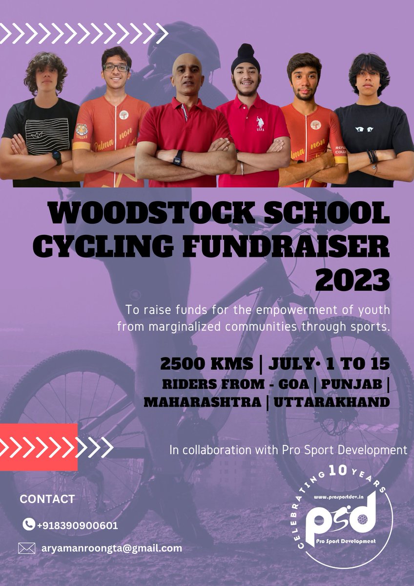 ProSportDev's tweet photo. We are excited to partner with the Woodstock School Cycling Team as they cycle a cumulative total of 2500 kms in 15 days, starting 1 July. 5 students and 1 teacher from the team will pedal to raise money for our Community Sports Program.
Donate now - https://t.co/RaaKJqi1KF https://t.co/maazZTugEa