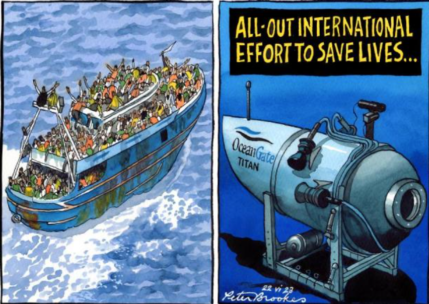 xsaezll's tweet photo. Toda muerte es dolorosa, sin duda. Pero, miles de individuos fallecen en pateras y lanchas al buscar libertad o mejor futuro y no reciben mucho protagonismo ni solidaridad internacional; como contraste, 5 adinerados perdidos en un submarino son objeto de rescates apoteósicos... https://t.co/yq2OVcFAx4