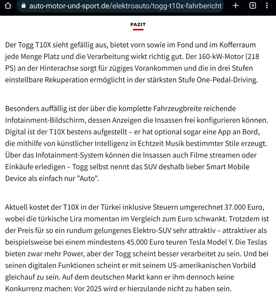 🇩🇪Araba Dergisi "Auto, Motor &amp; Sport" Turkiyenin gururu #TOGG u Test etti. 

<a href="/SireneOznur/">Öznur Küçüker Sirene</a>
<a href="/eurodolar1980x/">Deniz</a>
<a href="/06melihgokcek/">İbrahim Melih Gökçek</a>
<a href="/fahrettinaltun/">Fahrettin Altun</a>
<a href="/medyaadami/">medya adamı</a>
<a href="/birincimucahit/">Mücahit Birinci</a>
<a href="/zekibahce/">Zeki Bahçe</a>
<a href="/misvakcaps/">Misvak Caps</a>
<a href="/TRTDeutsch/">TRT Deutsch</a>
<a href="/RTEdijital/">Erdoğan Dijital Medya</a>
<a href="/eha_medya/">EHA MEDYA</a>

🇹🇷auto-motor-und-sport.de/elektroauto/to…

🇩🇪 auto-motor-und-sport.de/elektroauto/to…