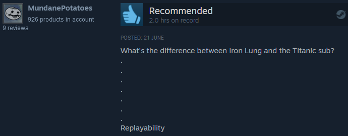 moonfatee's tweet photo. after the whole titan submarine case, Iron Lung's steam reviews are going WILD https://t.co/VBAxPuNATi