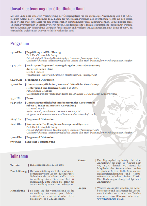 Das Institut veranstaltet am 21.11.2023 eine virtuelle Vortrags- und Diskussionsveranstaltung zum Thema „Umsatzbetsteuerung der öffentlichen Hand“. Wir freuen uns über Ihre Teilnahme. Weiteres lässt sich dem Flyer entnehmen.