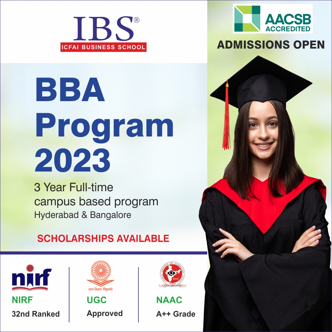 ICFAI, Hyderabad offers BBA a 3-year full-time Campus-based program 2023.

Rank No.1 among Top 20 B School of South India – Times B-School Survey 2020.

Apply now @ bit.ly/40bloo9

#Business #Management #bestbbacollege #collegeadmssions #bba #bestbschool #ibshyderabad