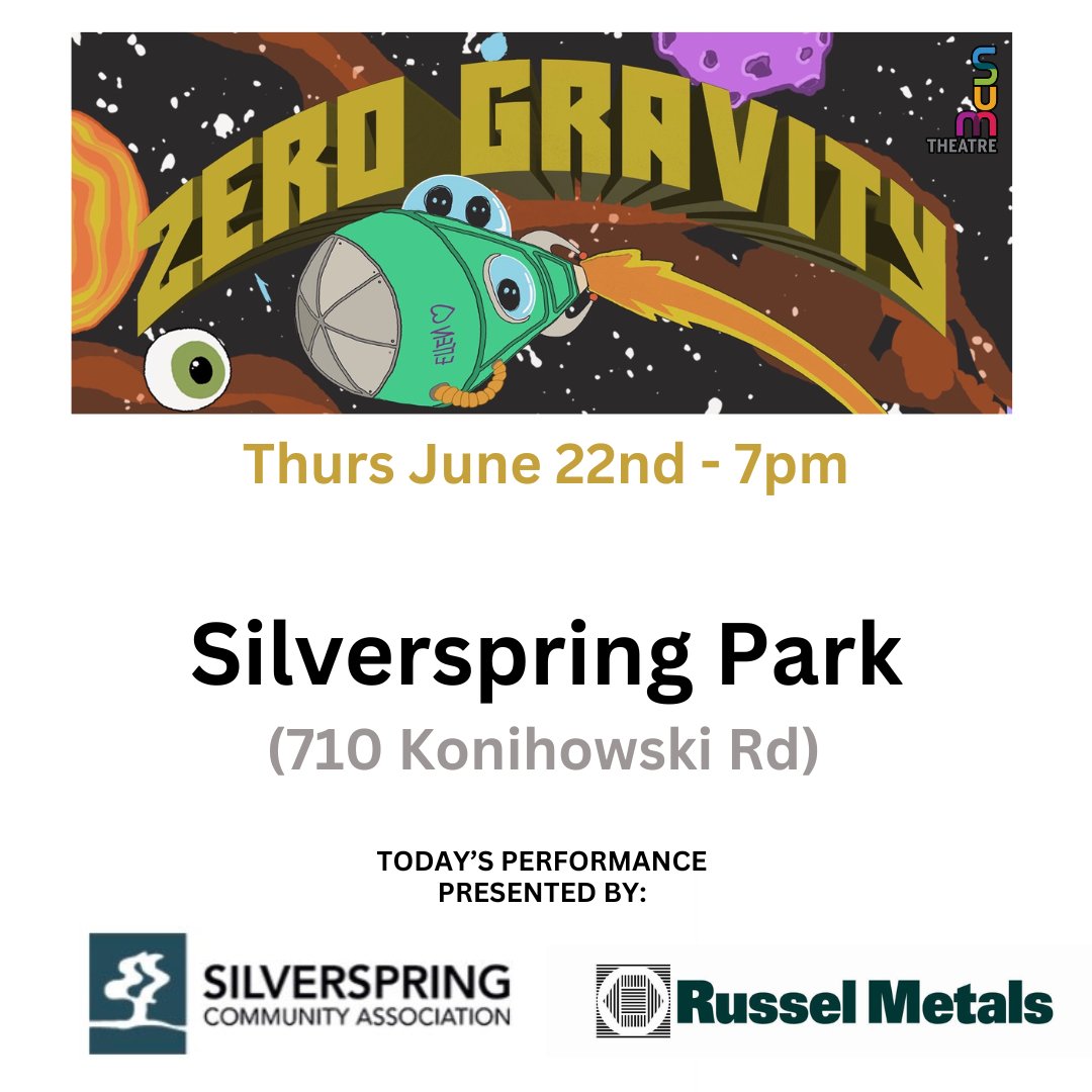 Silverspring Park tonight!! 🌎💛🌳✨

Today’s performances# presented by: The Silverspring Community Association  and Russel Metals 💛 

See you at 7pm in Silverspring Park!
🌎🚀🎶 

More Info:
SUMTHEATRE.COM 

#zerogravity
#theatreinthepark #sumtheatre 
#yxearts
#yxe