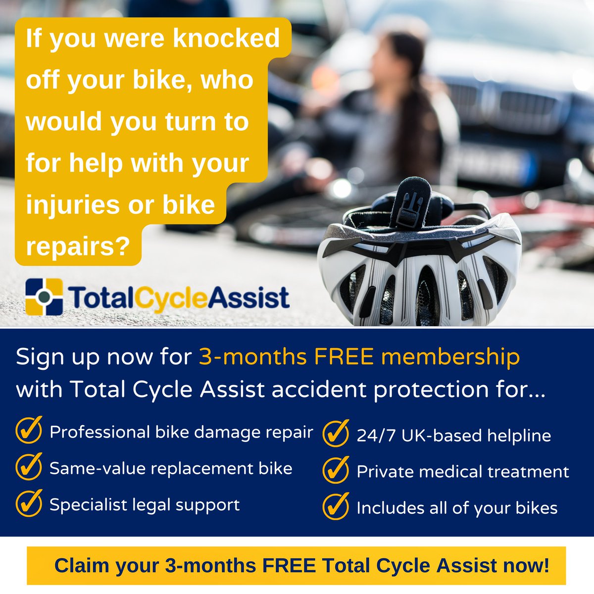 Research published by <a href="/Brakecharity/">Brake, the road safety charity</a> &amp; <a href="/AXA/">AXA</a> showed that 72% of people surveyed have chosen to walk or cycle short journeys to save money. But who would you turn to if you had an accident while cycling?

Access a free trial of Total Cycle Assist 👉 offers.assistprotect.co.uk