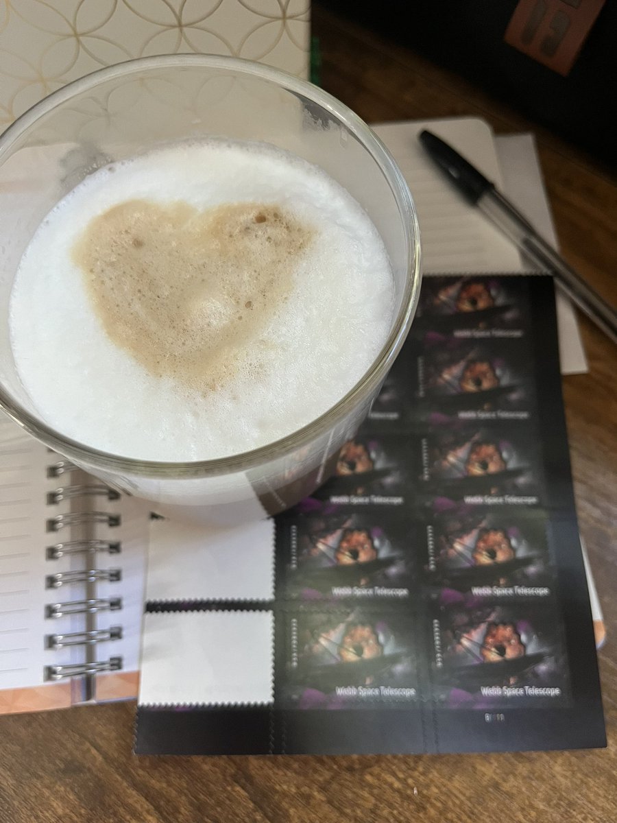 AllyLHeath's tweet photo. Things I love: Lattes and Snail Mail!

We’re bringing back what’s now a summer tradition. I have new (@NASAWebb telescope) stamps and stationary, so send me a DM with an address and I’ll send a letter your way! https://t.co/SBf43wwCu0