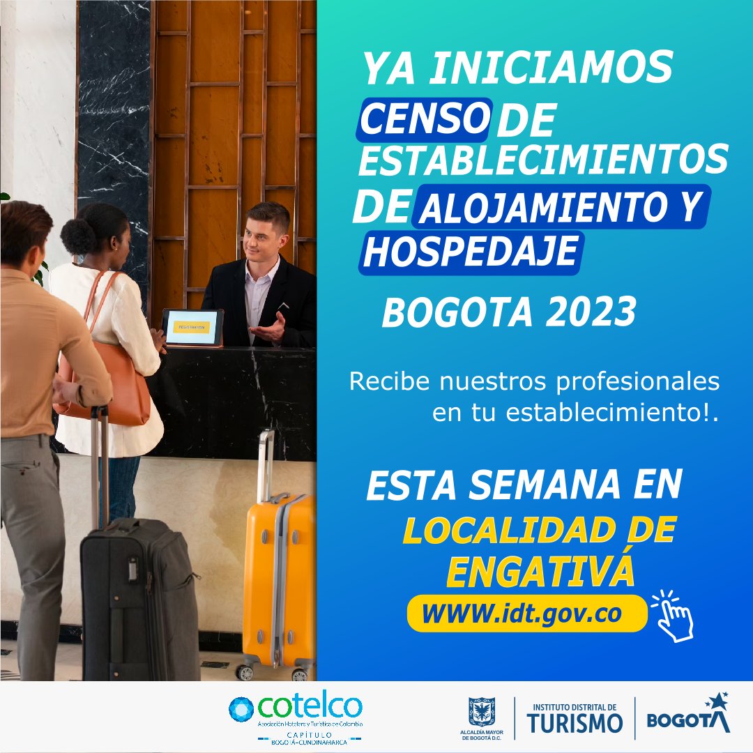 Bogota_Turismo's tweet photo. #IDTInforma I El #IDT junto al #ObservatorioDeTurismo adelanta investigaciones orientadas al Censo de Establecimientos de Alojamiento y Hospedaje.
Durante esta semana estarán en:
📌La Localidad de Engativá
📌 La Localidad de Kennedy
📌 La Localidad de Bosa https://t.co/bY5NRq9hES