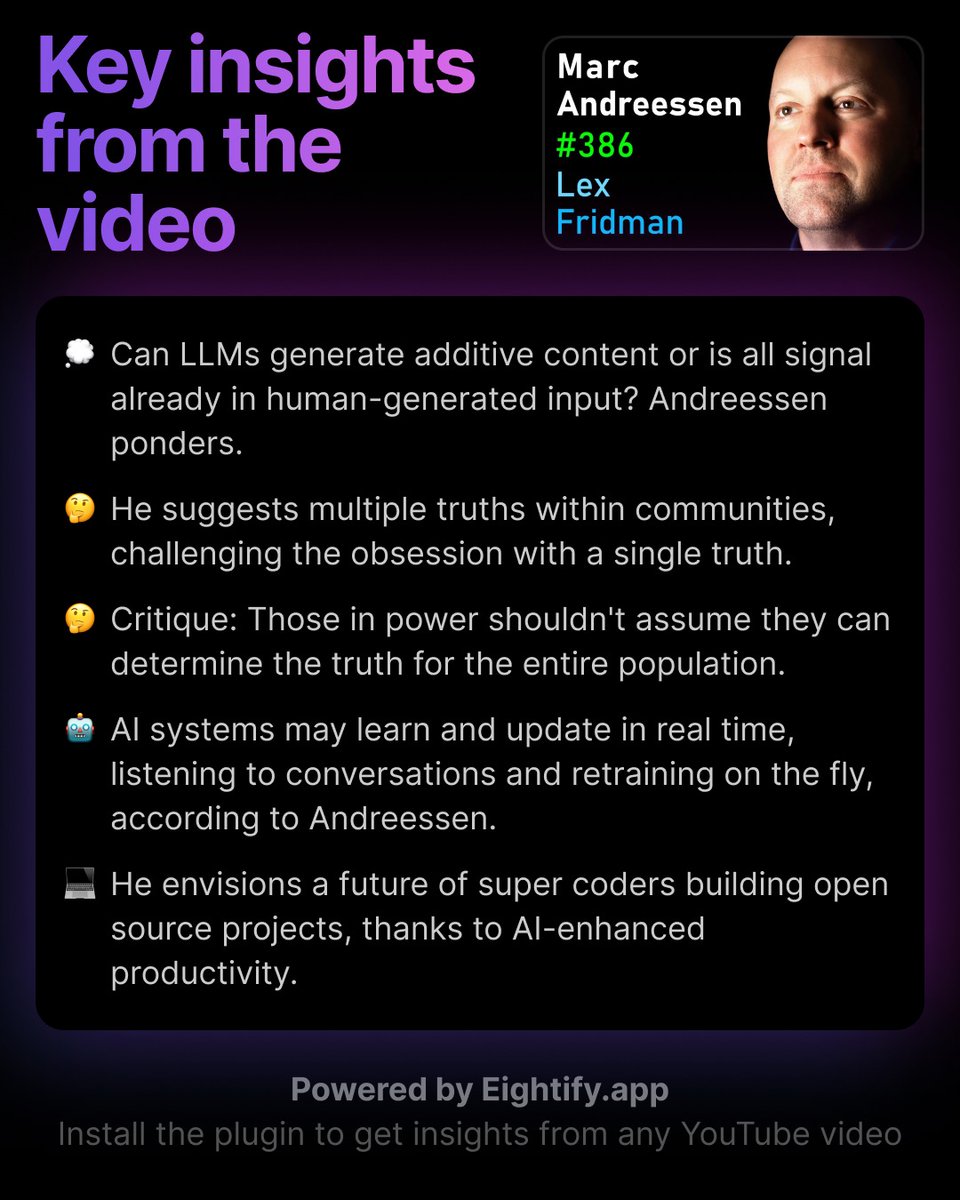 Key insights from Marc Andreessen @ Lex Fridman
Generated with Eightify &amp; GPT4