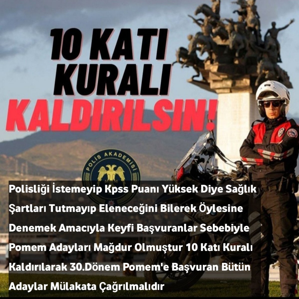 Polisliği İstemeyip Kpss Puanı Yüksek Diye Sağlık Şartları Tutmayıp Eleneceğini Bilerek Öylesine Denemek Amacıyla Keyfi Başvuranlar Sebebiyle Pomem Adayları Mağdur Olmuştur 10 Katı Kuralı Kaldırılarak 30.Dönem Pomem'e Başvuran Bütün Adaylar Mülakata Çağrılmalıdır
#Pomem10KataSon