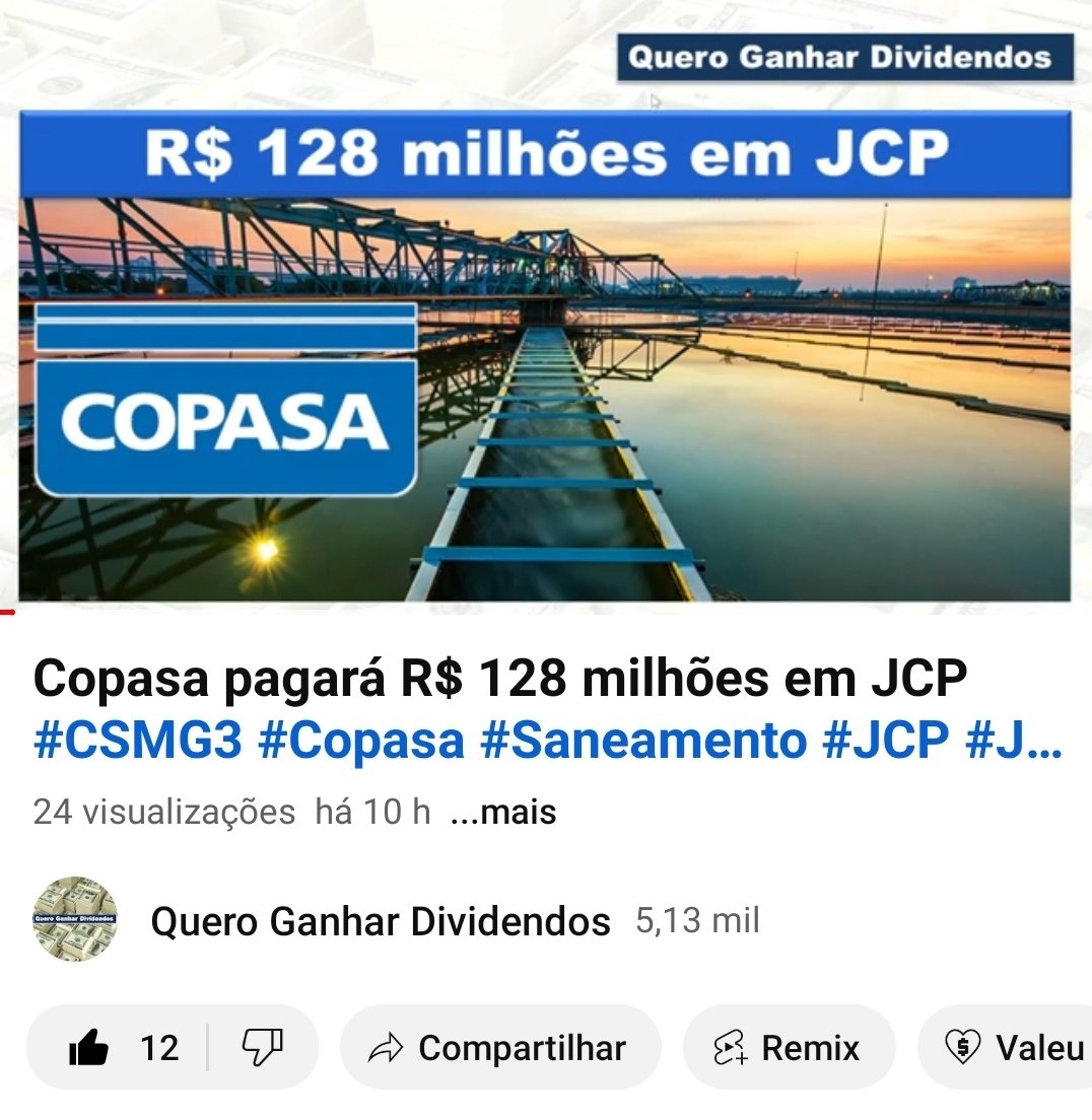 QDividendos's tweet image. Copasa pagará R$ 128 milhões em JCP #CSMG3 #Copasa #Saneamento #JCP #Jurossobreocapitalpróprio