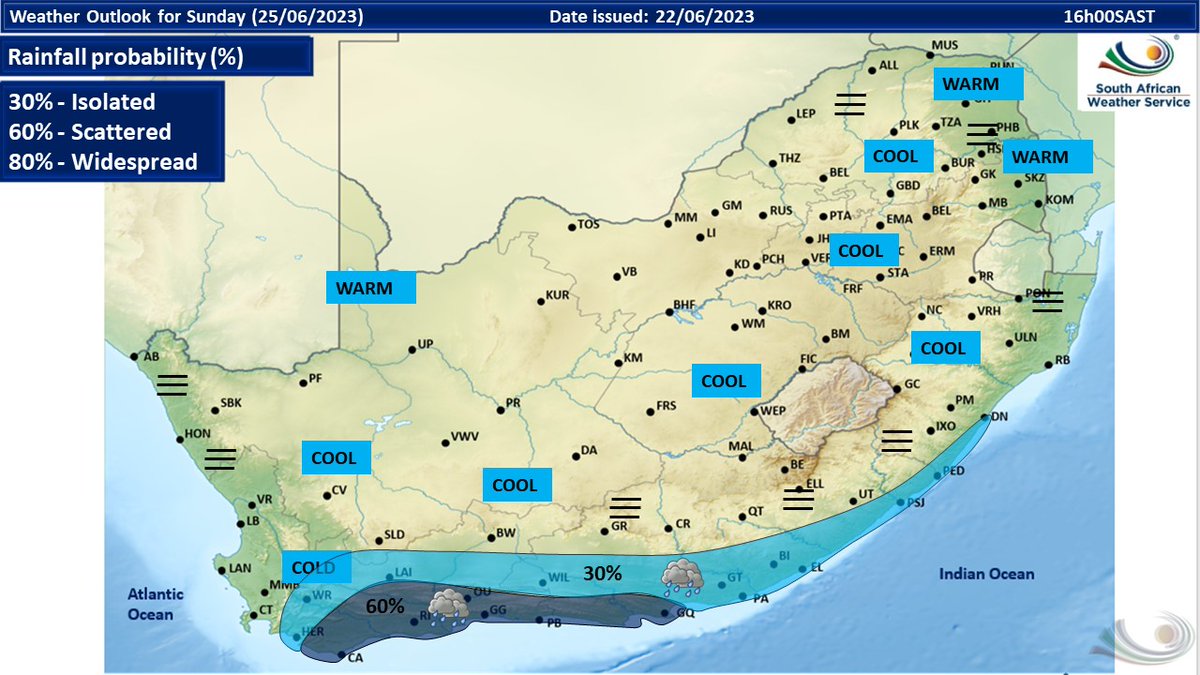 Weather outlook for Sunday, 25-06-2023. Scattered to isolated showers and rain expected over the south coast of the country, spreading to the east coast. Otherwise fine and cool conditions are expected.