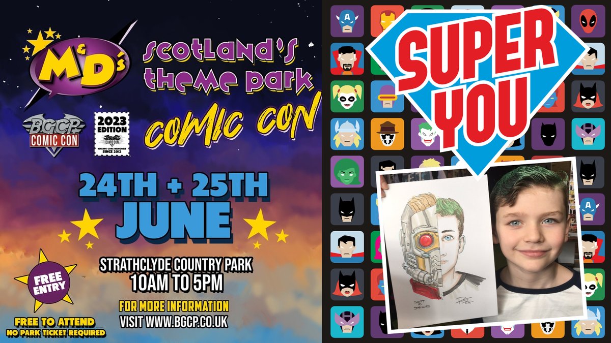 Hey hey! I'll be at M&D's Theme Park for @BGCPComicCon  this weekend, 24th + 25th June, doing my 'Super You' portraits. Become your Hero with a unique hand-drawn illustration. You'll find me in the Big Marquee! Lots of great stuff happening all weekend! FREE ENTRY to the ComicCon
