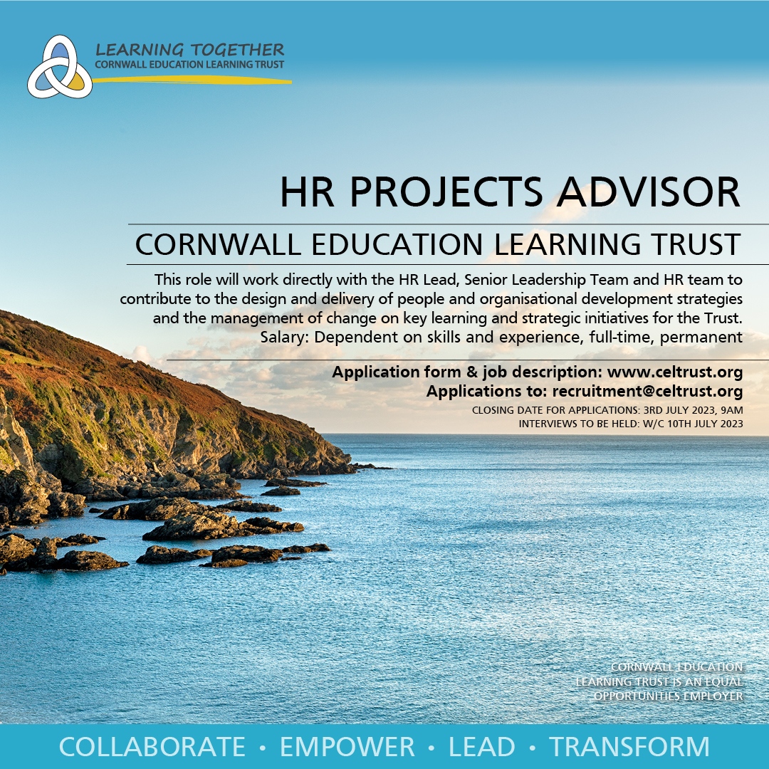 Our second vacancy is for a Projects Advisor working in our central HR team. 
If you are interested in joining our growing Trust in Cornwall, please email: recruitment@celtrust.org. ⁠
⁠
#CELTrust #Cornwall #LearningTogether #CELTSchools #CornwallJobs #WorkWithUs #HumanResources