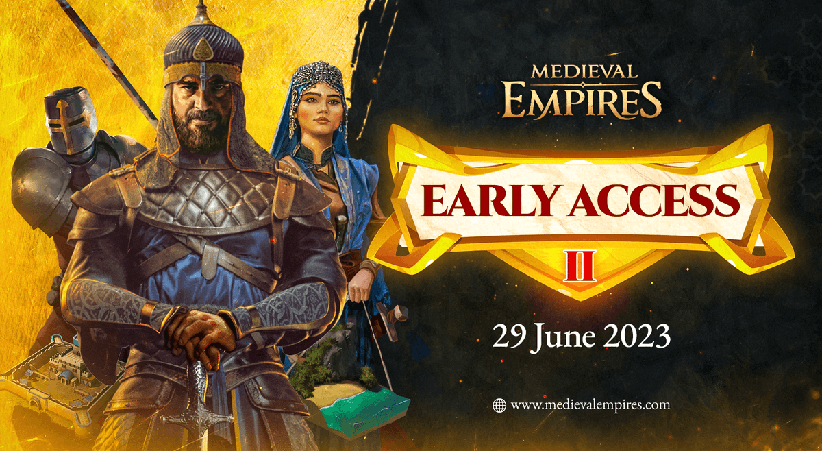 Warriors, as promised, the Second Early Access Version of #MedievalEmpires will be yours on 29 June 2023! 

To celebrate, we are giving away 10 Whitelist spots to lucky warriors who will be able to play #MedievalEmpires!

LIKE &amp; RETWEET to win your whitelist spot!