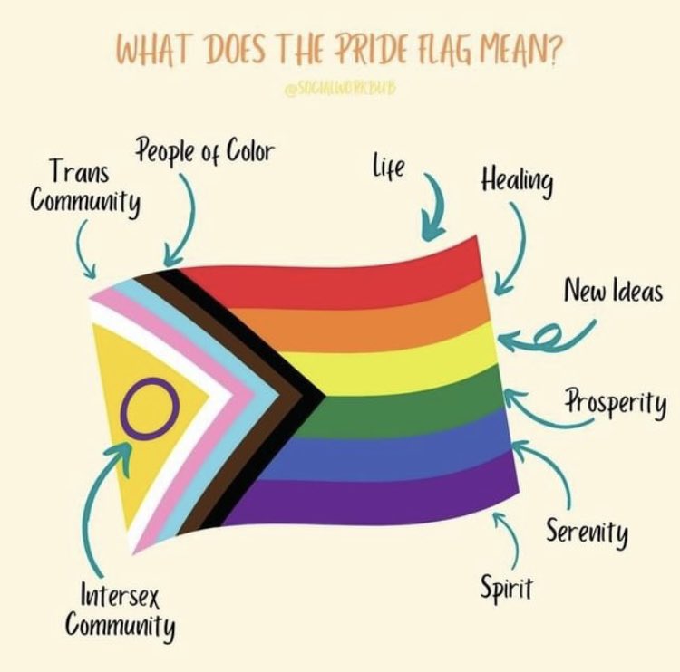 It’s #PrideMonth! Have you ever wondered what all the colors and shapes on the #PrideFlag stand for?  This chart explains it all! 🏳️‍🌈🏳️‍⚧️ 
#LGBTQ+ #2SLGBTQIA #DemsAbroad