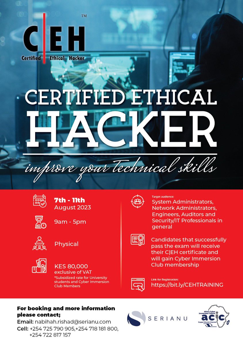 University students can enjoy subsidized rates for the online Masterclasses for IT/Risk/Audit/Security personnel we will be offering in August. The focus will be  Ethical Hacking and Penetration Testing (Certified Ethical Hacking v11). Share widely.
