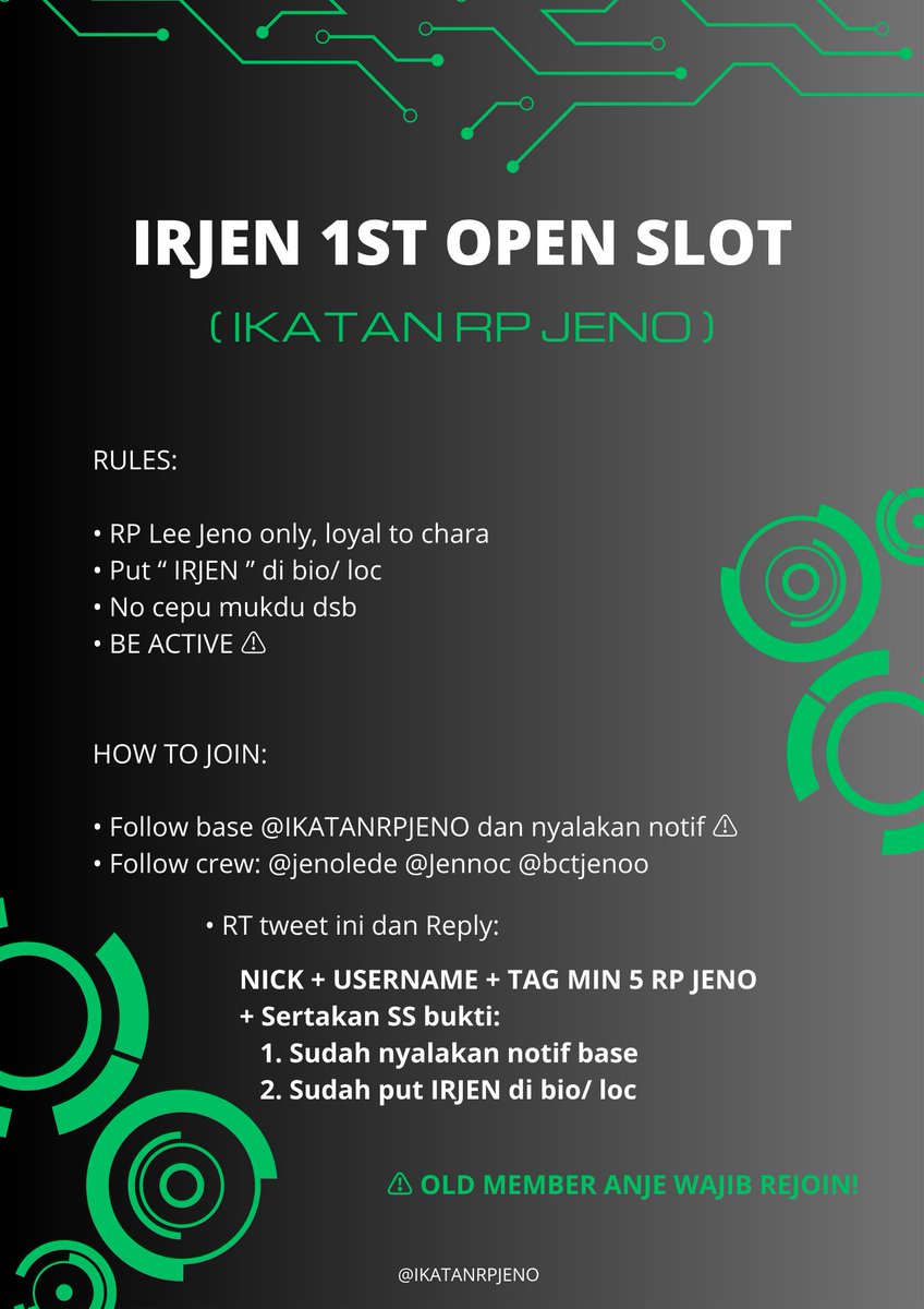 ⠀
𝗜𝗥𝗝𝗘𝗡 𝟭𝗦𝗧 𝗢𝗣𝗘𝗡 𝗦𝗟𝗢𝗧
𝘍𝘪𝘹 𝘣𝘪𝘰 “𝘐𝘙𝘑𝘌𝘕”

Introducing 𝙄𝙠𝙖𝙩𝙖𝙣 𝙍𝙋 𝙅𝙚𝙣𝙤, a squad for all Jeno rps. We are opening unlimited slot (June, 22-26) for those who can be active and solid.

𝙇𝙚𝙩'𝙨 𝙟𝙤𝙞𝙣, do all the HTJ properly!
⠀