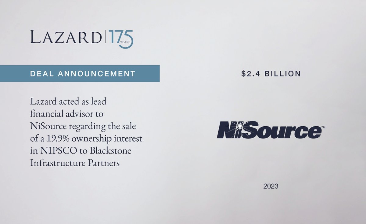 Lazard’s Global Power, Energy & Infrastructure group acted as the lead financial advisor to @NiSourceInc regarding the sale of a 19.9% ownership interest in NIPSCO for $2.4 billion to Blackstone Infrastructure Partners.