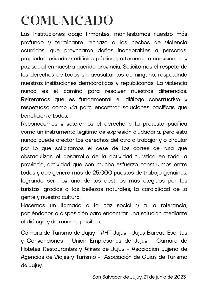 Comunicado de Camara de Turismo de Jujuy - AHT Jujuy - Jujuy Bureau Eventos y Convenciones - Unión Empresarios de Jujuy - Cámara de Hoteles Restaurantes y Afines de Jujuy - Asociacion Jujeña de Agencias de Viajes v Turismo - Asociación de Guías de Turismo de Jujuy