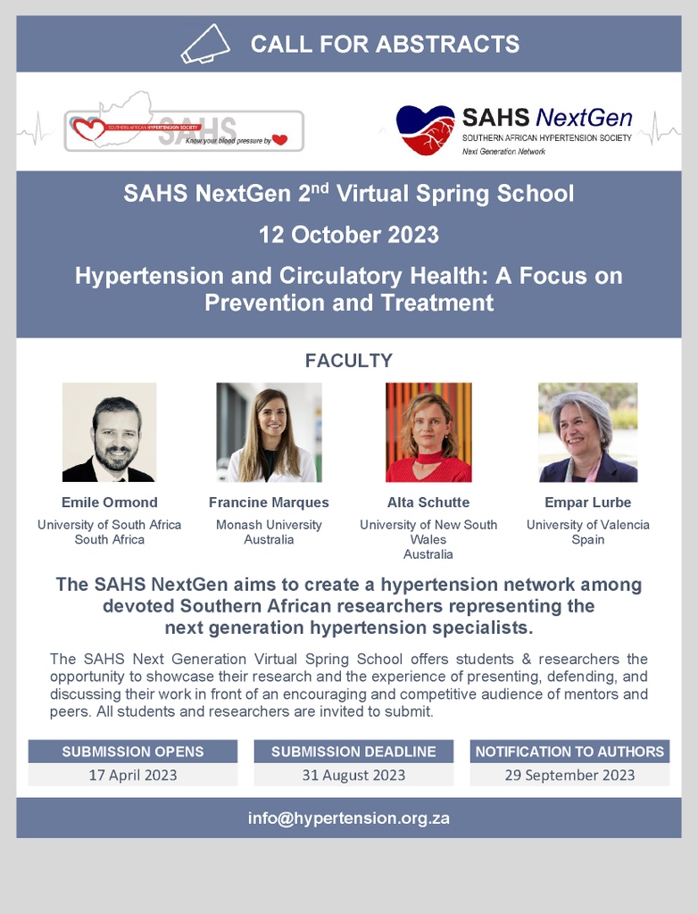 The SAHS NextGen 2nd Virtual Spring School invites all researchers to showcase their research in front of an encouraging and competitive audience of mentors and peers. Click to Submit: hypertension.org.za/events/2022/ca… #SAHS #research #hypertension