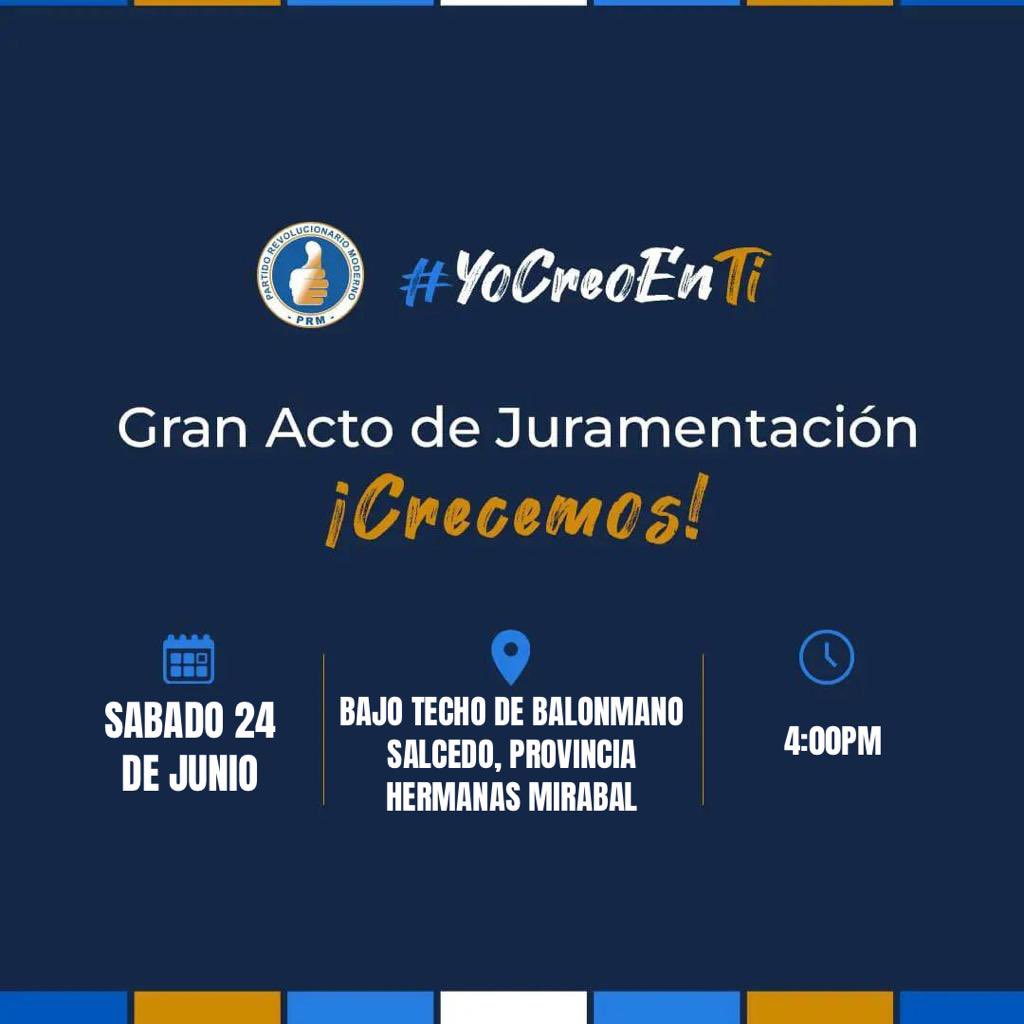 '¡Sábado es un día histórico! La pre candidata a senadora María Mercedes Ortiz se une al gran acto de juramentación. ¡Es un honor poder presenciar este momento tan importante para nuestra democracia! 
#VamosAGanar 
@PRM_Oficial
@luisabinader 
@JosePaliza