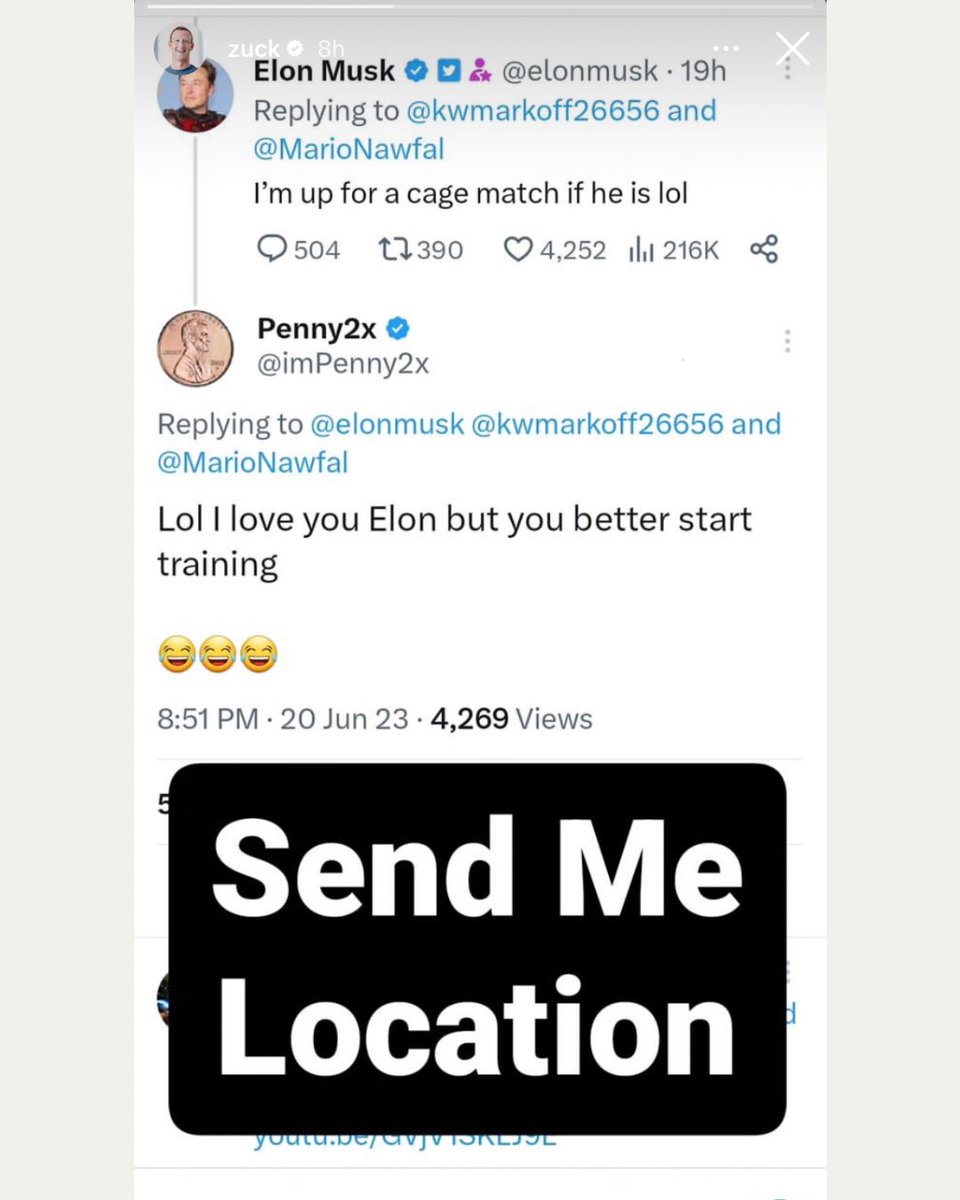 lalanacorp's tweet image. Dalam unggahan Instagram-nya, Mark Zuckerberg menerima tantangan 
 ‘tinju’ dari Elon Musk. Hal ini berawal dari Elon Musk yang memberikan komentar di unggahan proyek terbaru Meta yang dianggap menjadi kompetitor dari Twitter. Siapa yang bakal menang menurut kalian? 🤔
-
#LLNCORP