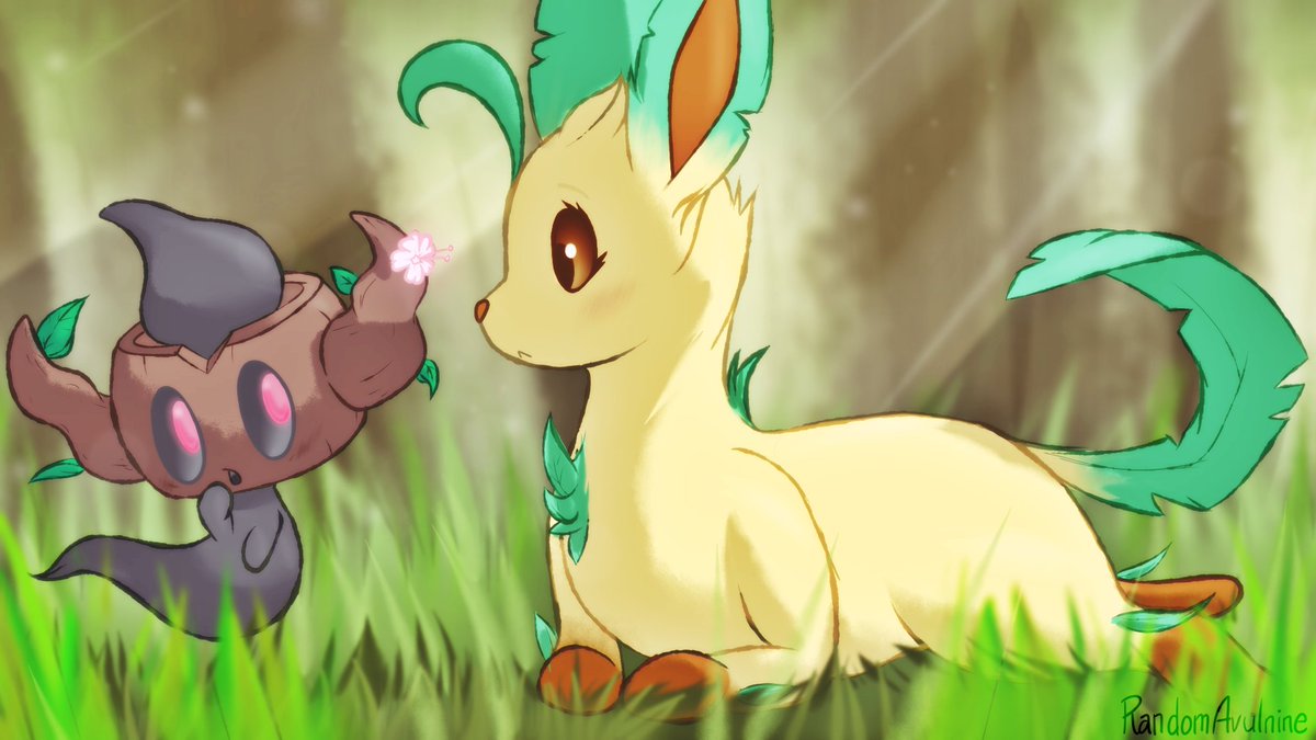 RandomAvulnine's tweet image. Unusual fauna and flora meeting, between a curious Phantump and an intrigued Leafeon.
#Pokemon #fanart #digitalart
