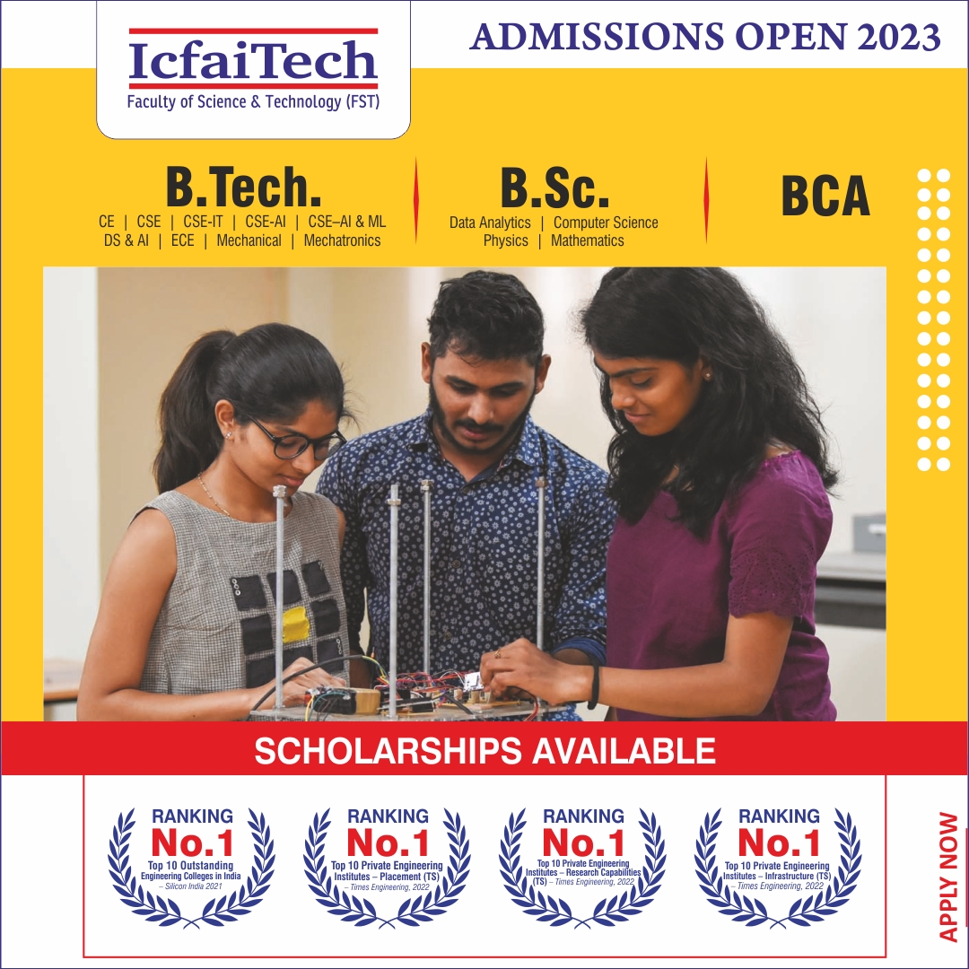 Admissions are open at IcfaiTech, Hyderabad for B.Tech, B.Sc and BCA Programs 2023.

✅ Excellent Placements and Merit Scholarships available. 

Apply now @ bit.ly/43tD7Kp

#IcfaiTech #AdmissionsOpen #EngineeringPrograms #Hyderabad