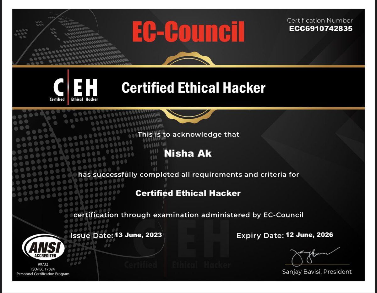 Gladiator from Hackers University, APC Learning Solutions  Congratulations Nisha Ak 🎊🎊💐💐💐, you have successfully completed the CEHv12 Certified Ethical Hacker #cehv12 ceh #cehv12 #cehtraining #cybersecurity #cehonlinetraining #SAP #sapsf #sapfico #sapmm #SAPSD  #Azure