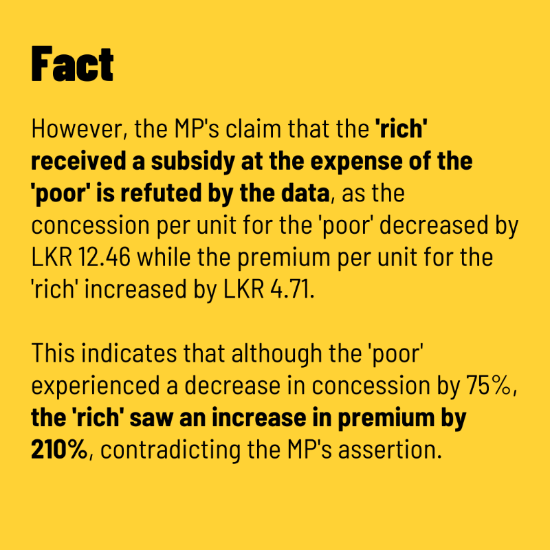 factchecklka's tweet photo. MP Gammanpila claims that the ‘rich’ received a subsidy on electricity bills at the expense of the ‘poor’ following a recent tariff hike.⚡💡
Is this claim accurate?
Swipe ⏪ to find out.
📚 Read the full fact-check at: https://t.co/k3Z4rPZUrJ
#FactCheckLK