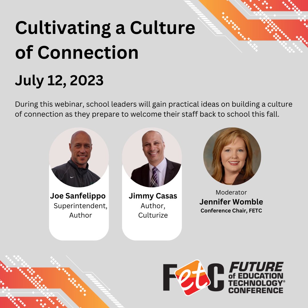 #edleaders start thinking about school this fall
How will you inspire your staff & culturize your school?
📢Hear the #FETC School Leadership Webinar:  
Cultivating a Culture of Connection
@Joe_Sanfelippo @casas_jimmy
Wed. 7/12/23
event.on24.com/wcc/r/4256574/…
#suptchat #principals #CAO