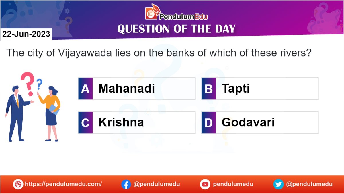pendulumedu's tweet photo. Attempt GK Question by PendulumEdu to know on the bank of which river Vijayawada lies on the bank of which river. View the Solution here
https://t.co/BuRrfSJVm1
#dailygk #dailyquiz #dailygkquiz #dailyfact #Questionoftheday #GKquestionoftheday #GKmcq #Mathmcq #mathquestionoftheday https://t.co/T4fZLPQCls