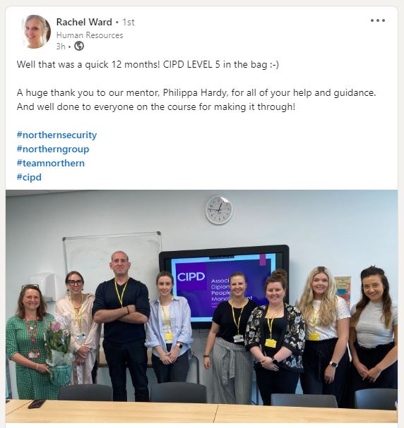 NorthernSecurit's tweet image. Well done to our HR Administrator Rachel Ward completing her CIPD Level 5 course!

#CIPDlevel5
#humanresources
#employeeinvestment
#traininganddevelopment
#cpdtraining
#Lakescollege
#northernsecurity
#teamnorthern
