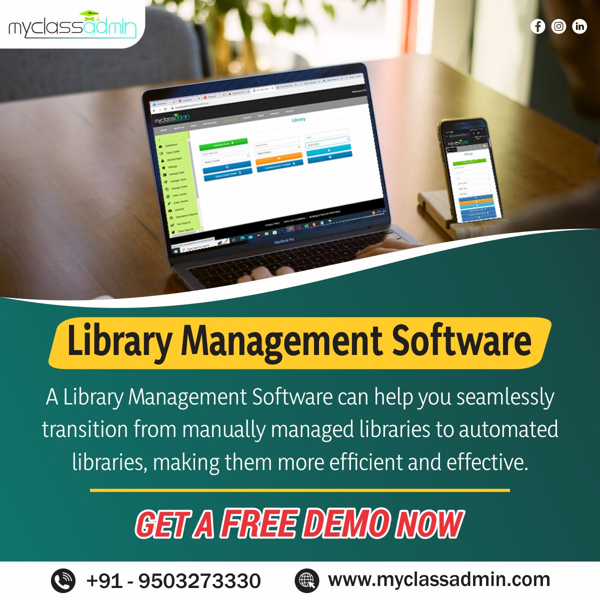 MyClass_A_dmin's tweet image. MyClassAdmin #LibraryAutomationSoftware With Barcode.
✅ Keep a record of all books available & issued.
✅ Maintain Book borrow & return register online & More features.
Visit myclassadmin.com or contact us at +91-9503273330 to learn more.
#librarymanagementsystem