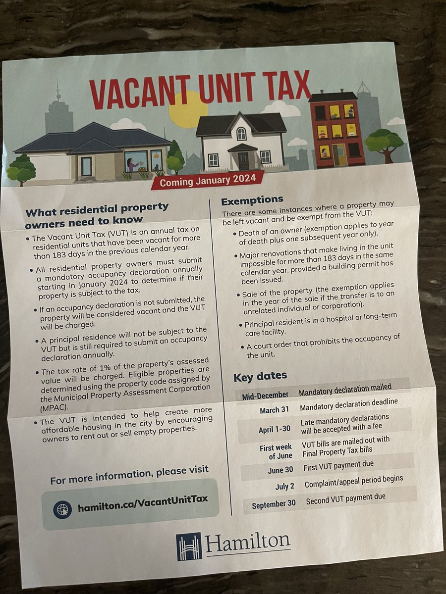 Vacant Unit Tax is coming to #HamOnt 
I’m 2024. This is obviously a move to create more rentals.