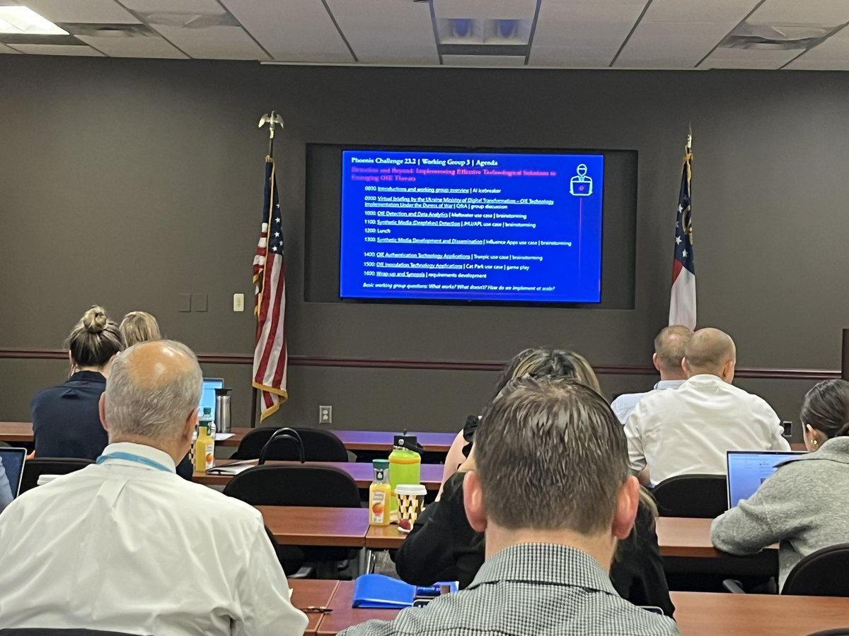 Today is working group day at #phoenixchallenge. WG3 is examining Effective Technological Solutions to Emerging OIE Threats. Report out to @DOD_Policy tomorrow @umdARLIS <a href="/GTRI/">GTRI</a>
