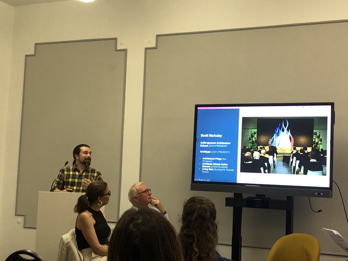 rozinbxl's tweet photo. Scott McAulay from #anthropocenearchitecture bringing the Scottish connection at the @Ace_Cae ‘Policy Debate Architecture for a Just Transition’ Explaining the context of a #JustTransition referencing the historical - #lossanddamage #climatereparation #globalnorth/#globalsouth https://t.co/N3skJNyMwq
