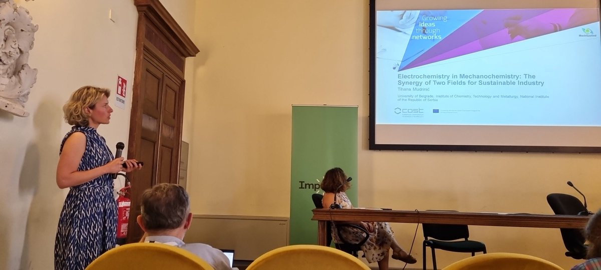 Tihana Mudrinic is now presenting work on electrochemistry in Mechanochemistry @beyondbenign @COSTprogramme @EuChemS @YoungChemists