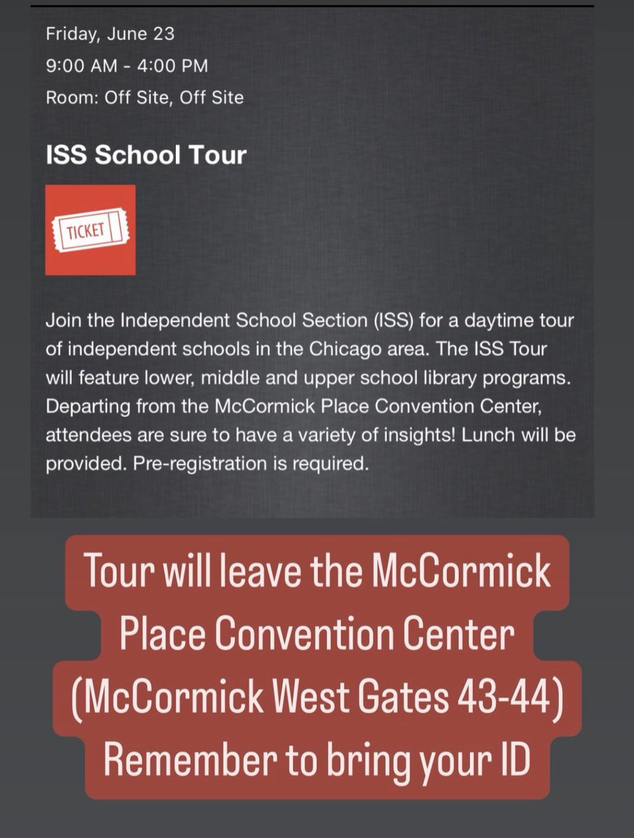 aasl_iss's tweet photo. Friday, June 23rd 
9:00 AM - 4:00 PM
Off Site - Tour will leave the McCormick
Place Convention Center
(McCormick West Gates 43-44)
Remember to bring your ID #ALAAC23 @ALALibrary @aasl @aasl_iss https://t.co/dLTIVLOB2H