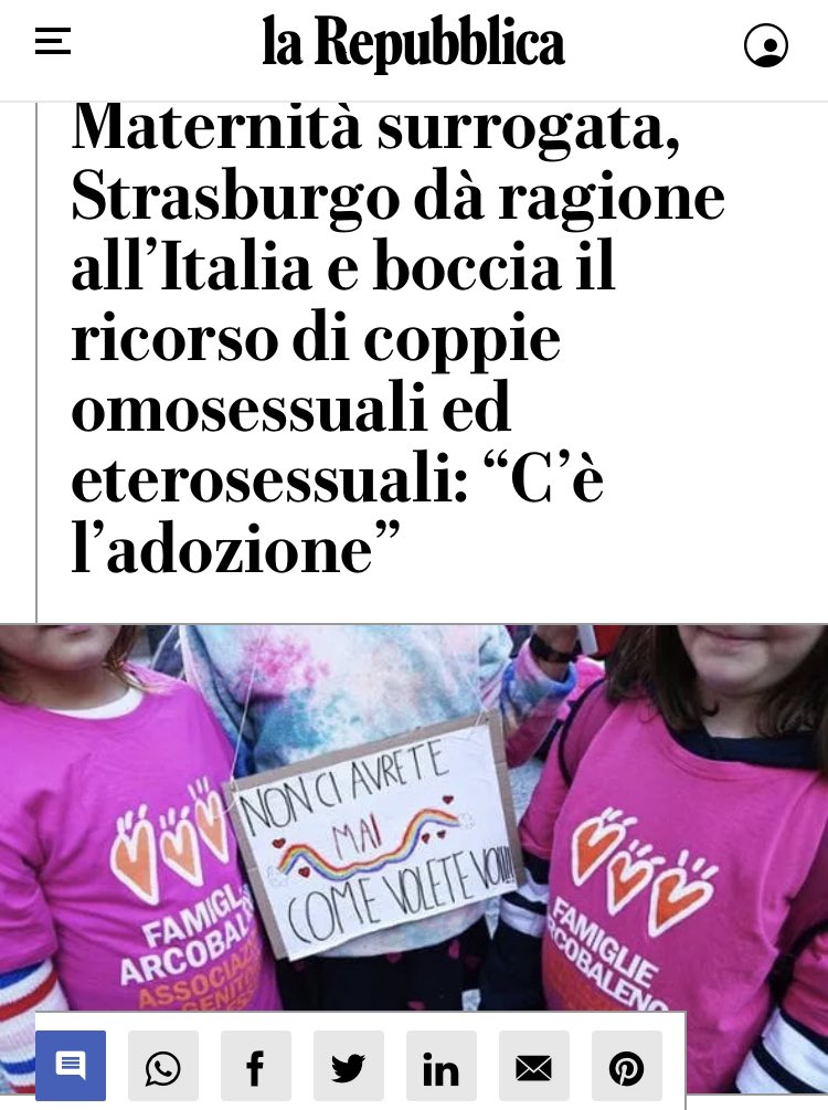 Radfem_Italia's tweet photo. Secondo la Corte europea dei diritti dell’uomo è legittima la decisione di non registrare all’anagrafe atti di nascita di bambini nati all’estero con la maternità surrogata. “Potevano essere adottati” @CIAMS_Coalition @StopSurrogacy @DeclarationOn @ContraBorrado @WomensLibFront https://t.co/4nbKhiGPSq