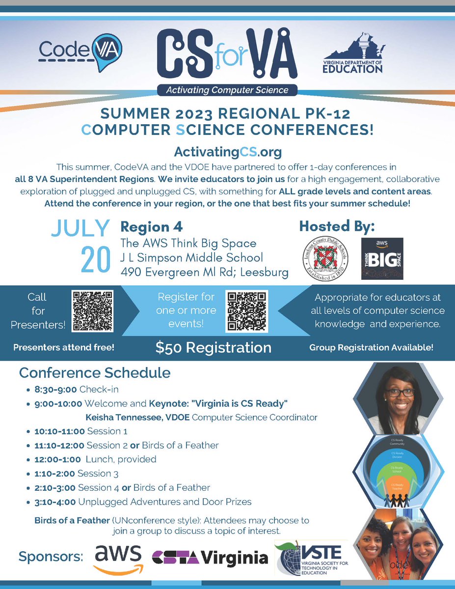 NickGrzeda's tweet photo. If you are a K-12 public educator looking for High-Quality Profesional Development & a chance to build your PLN, please join us at the #CSforVA Region 4 - Northern Virginia Activating Computer Science Conference @JLSMS_Official on July 20. Thank you @AWSCommunity for sponsoring! https://t.co/sV2uM7sra6