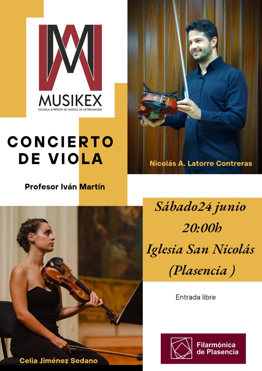 Concierto de Viola. Ciclo JÓVENES INTÉRPRETES.
Sábado 24 de junio de 2023 a las 20:00 h.
Iglesia de San Nicolás en Plasencia, Extremadura.
Nicolás Latorre y Celia Jiménez
Entrada libre